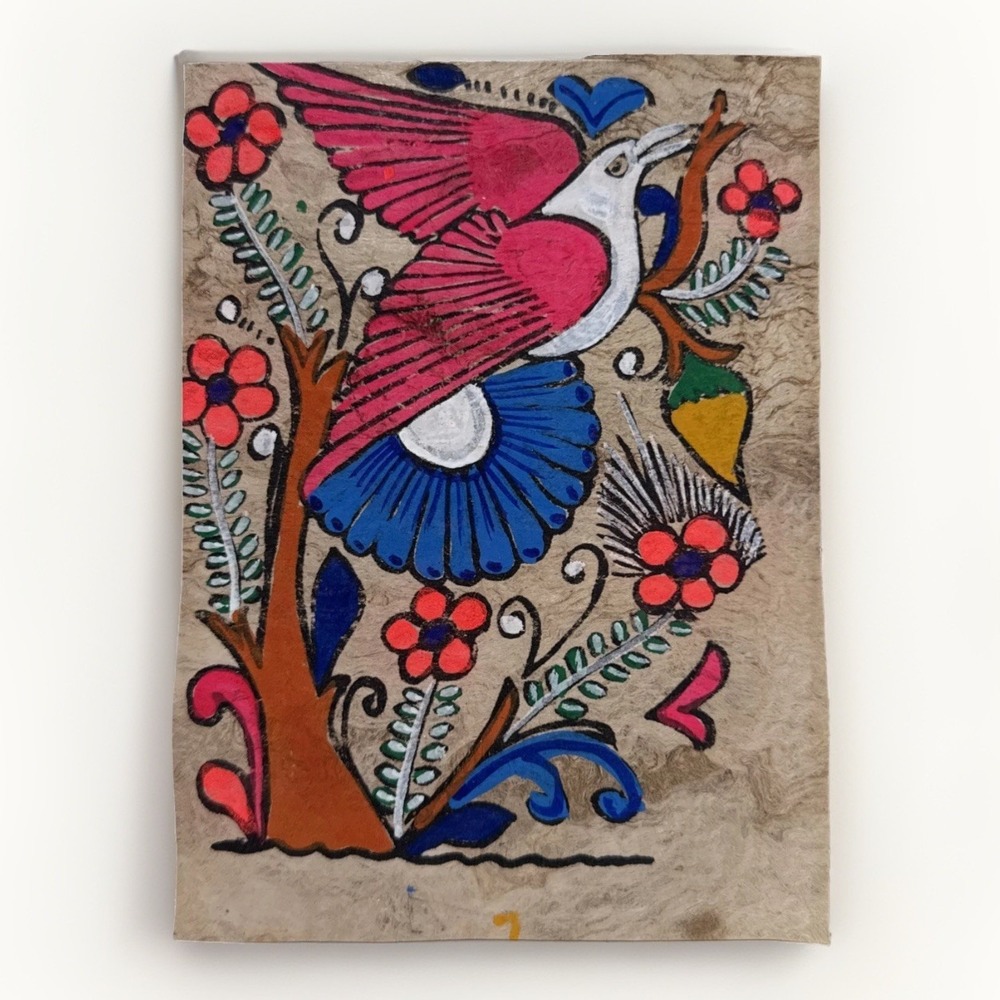 Vintage Amate Paper Bark Mexican Folk Art Painting Pink Bird Blue 6 x 8 Inches